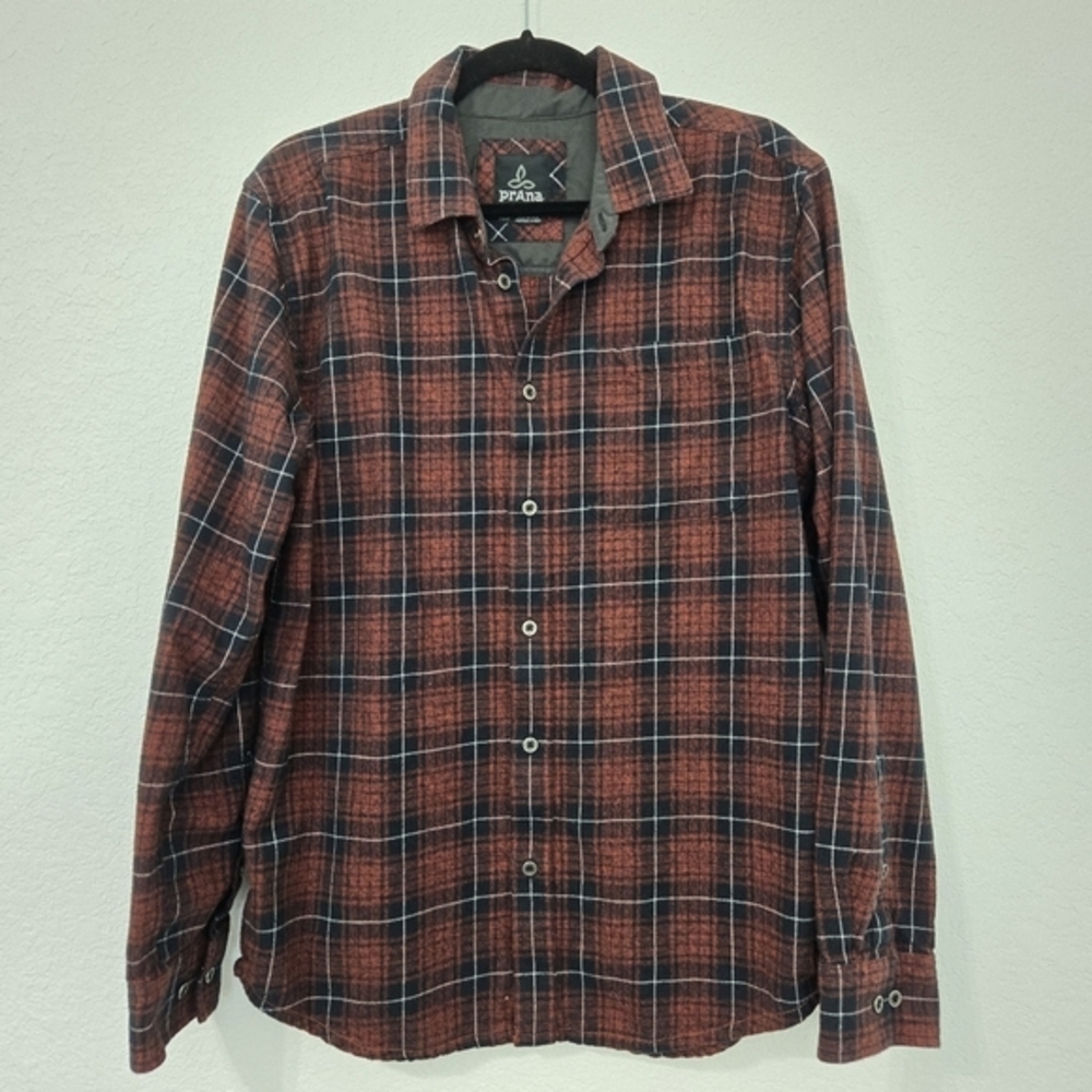 Prana Mens Organic Cotton Plaid Flannel Shirt Rust Black M2WOOD315 Size Medium